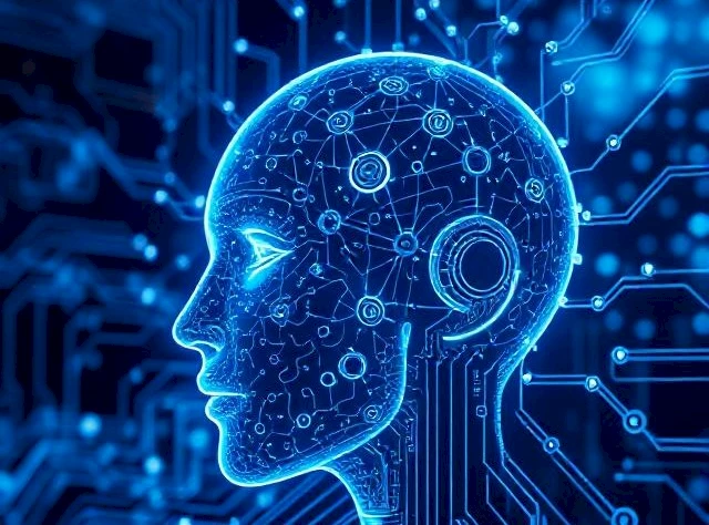 AI concept with futuristic robot and digital interface